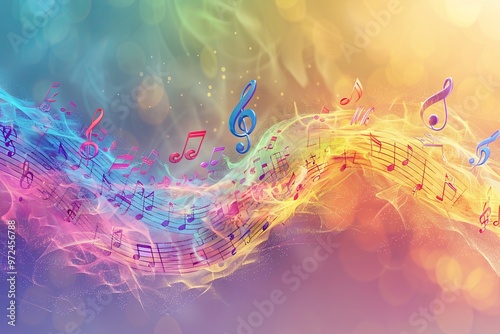 A vibrant, rainbow colored music staff with floating 3D musical notes in various colors. The blurred background enhances the dynamic composition, with soft lighting and copy space photo