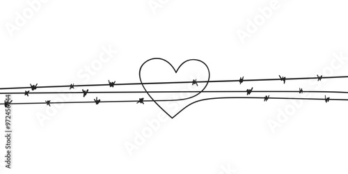 Heart behind barbed wire, Simple line drawing black on white, Vector illustration