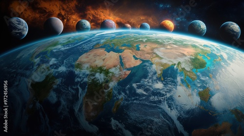 Panoramic view of Earth, stars and galaxy. Planet Earth, view from space. Space fantasy. Blue planet Earth in space. Globe in space. Earth sphere. Sunlight with stars in space photo