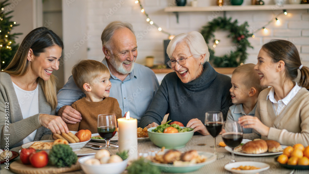 Family gathered around Thanksgiving dinner table with festive autumn decor and warm atmosphere Family gathered around Thanksgiving dinner table with festive autumn decor and warm atmosphere