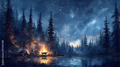 A serene campsite at dawn, fish sizzling on a holographic grill, pine trees towering under a glowing augmented sky, cool blue tones, Sci-Fi, Watercolor photo