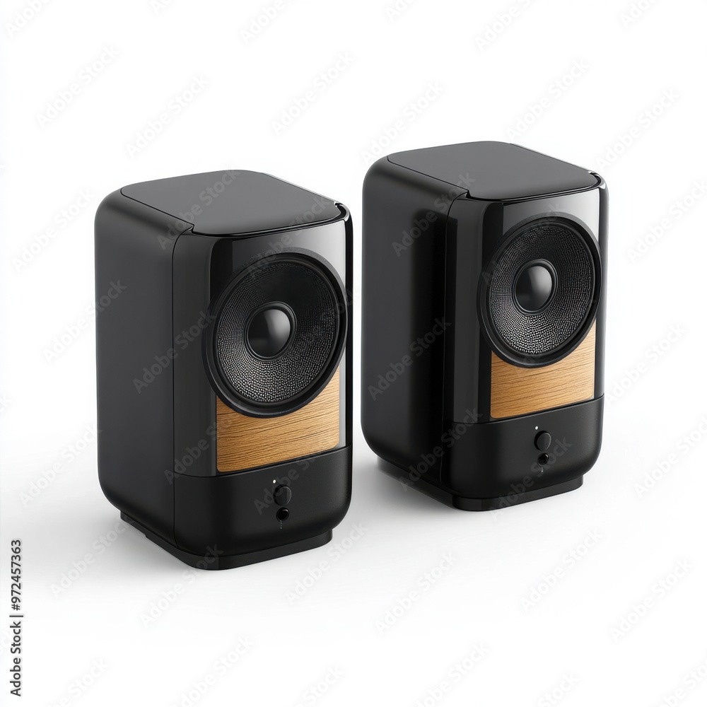 Pair of sleek black speakers with wooden accents on a white background, showcasing contemporary and stylish audio equipment.