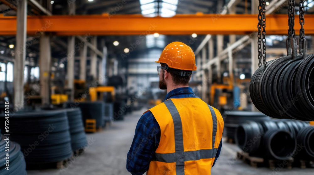 Back view of a factory worker in a safety helmet and vest, overseeing a large industrial warehouse filled with equipment and materials. Back view of a factory worker in a safety helmet and vest, overseeing a large industrial warehouse filled with equipment and materials.