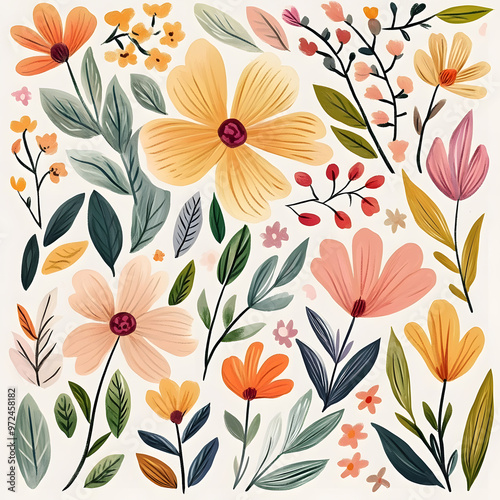 2D illustrator doodle-style floral and leaf graphics on a white background or wallpaper