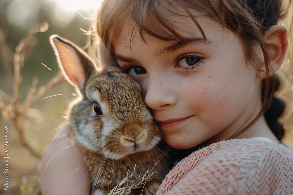 Generative ai image of cute adorable child playing and interacting with animal Generative ai image of cute adorable child playing and interacting with animal