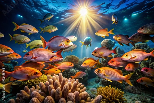A sparkling underwater scene features a bright fish light head illuminating a school of vibrant fish swimming around photo