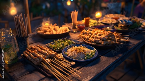 A hyper real spread of Thai street food including Pad Thai and satay skewers on a wooden table, detailed textures and colors