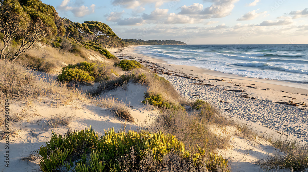 A coastal scene with hardy coastal banksia plants growing along the sandy shores of an Australian beach A coastal scene with hardy coastal banksia plants growing along the sandy shores of an Australian beach