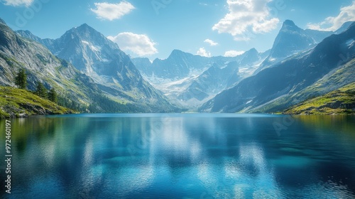 Serene mountain lake reflecting the majestic peaks under a bright blue sky in the afternoon light