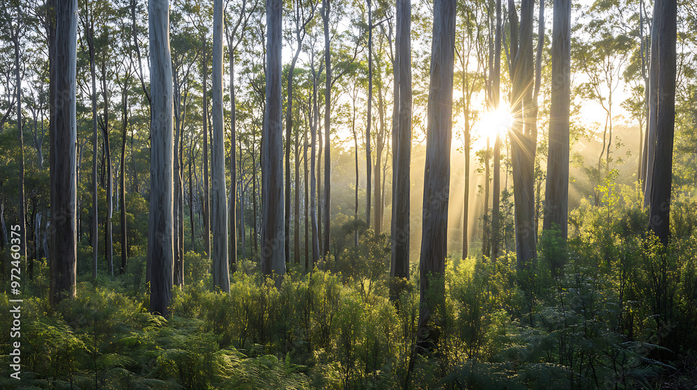 Naklejka premium A dense forest of towering eucalyptus trees, with sunlight filtering through the branches, representing Australia’s diverse plant life