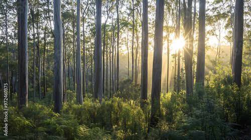 Fototapeta Naklejka Na Ścianę i Meble -  A dense forest of towering eucalyptus trees, with sunlight filtering through the branches, representing Australia’s diverse plant life 