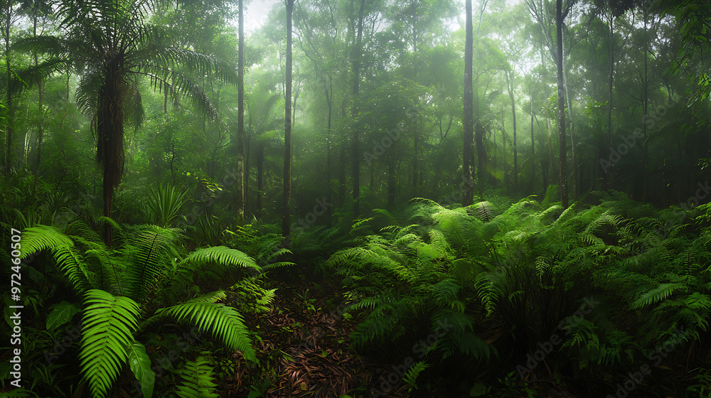 A panoramic view of a lush Australian rainforest, with ferns and palms covering the forest floor A panoramic view of a lush Australian rainforest, with ferns and palms covering the forest floor