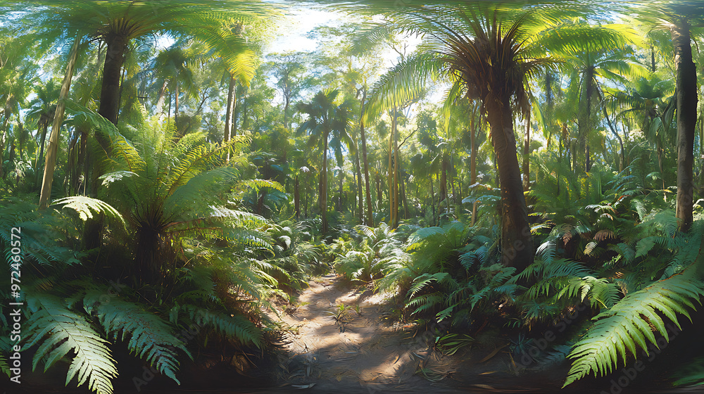 A panoramic view of a lush Australian rainforest, with ferns and palms covering the forest floor A panoramic view of a lush Australian rainforest, with ferns and palms covering the forest floor