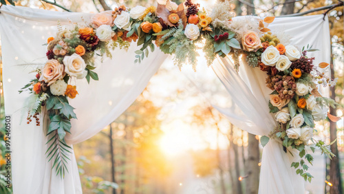Elegant floral wedding arch decorated with pastel roses and greenery for an outdoor ceremony
