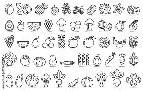 Set of various fruits and vegetables icons in black and white outline style on a white background. Healthy food concept. Vector illustration