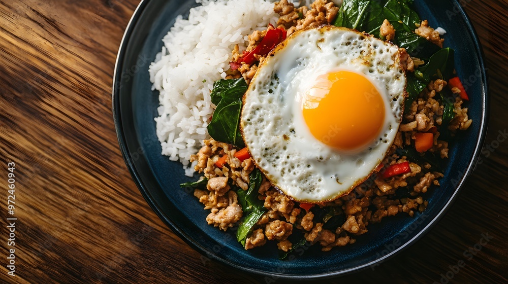 Hyper real traditional Thai Pad Kra Pao (stir-fried basil with pork), served with rice and fried egg on a wood table Hyper real traditional Thai Pad Kra Pao (stir-fried basil with pork), served with rice and fried egg on a wood table