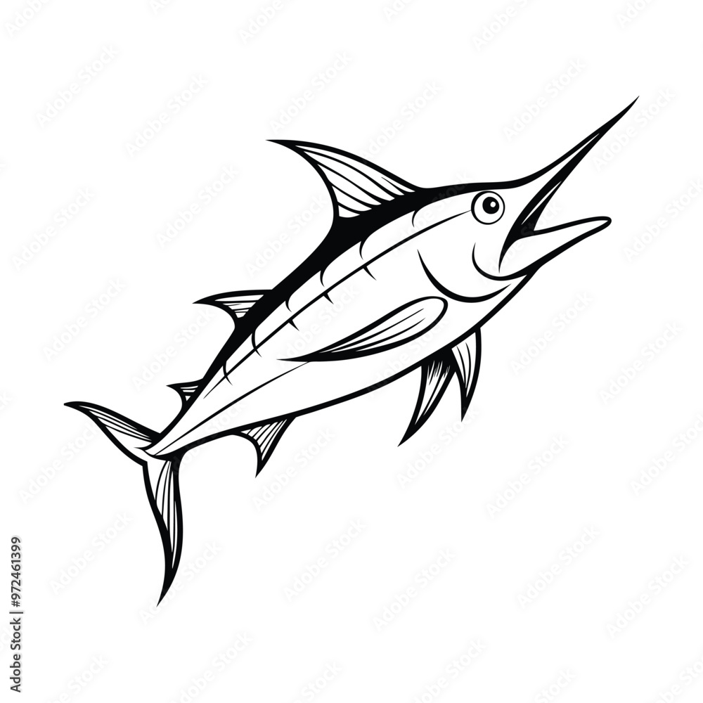 Black and white illustration, stylized swordfish, linear drawing, minimalist ocean creature, sharp bill, streamlined body, fish art, marine life sketch, dynamic pose, simple contours,