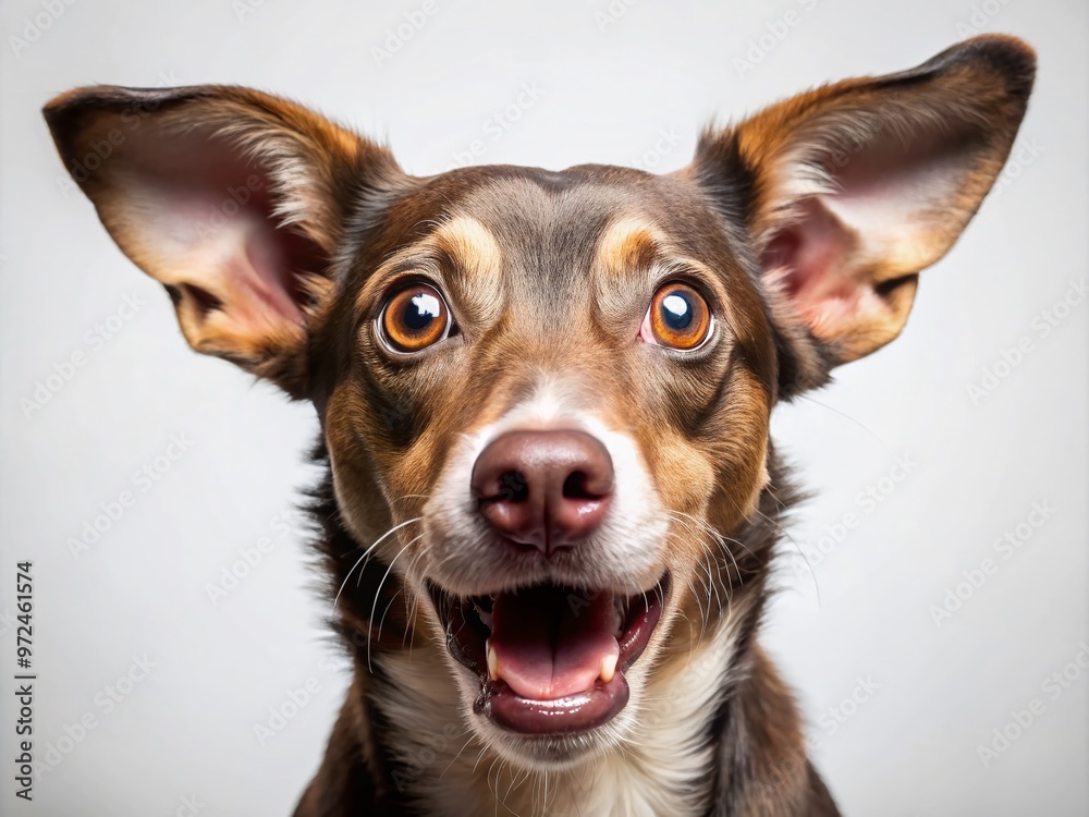 Astonished canine's eyes widen in surprise, tongue lolls out, and ears perk up, capturing a comical expression of Astonished canine's eyes widen in surprise, tongue lolls out, and ears perk up, capturing a comical expression of