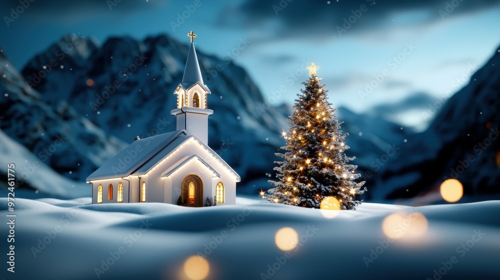 Fototapeta premium A serene winter scene featuring a white church and a decorated Christmas tree.