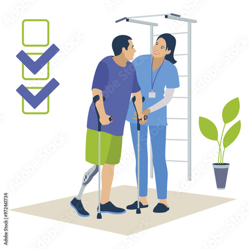 A rehabilitation doctor treats and helps a disabled man. A man with a prosthetic leg learns to walk on crutches. Flat design. Vector illustration on a white background