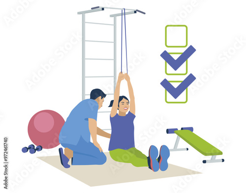 A rehabilitation doctor is treating a girl. The girl performs rehabilitation exercises. Flat design. Vector illustration on a white background