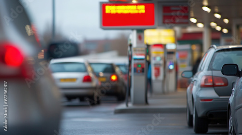 Wallpaper Mural Cars queuing at a gas station with a blurred oil price sign in the background, highlighting rising fuel prices and symbolizing the growing economic pressure on consumers and the global economy. Torontodigital.ca