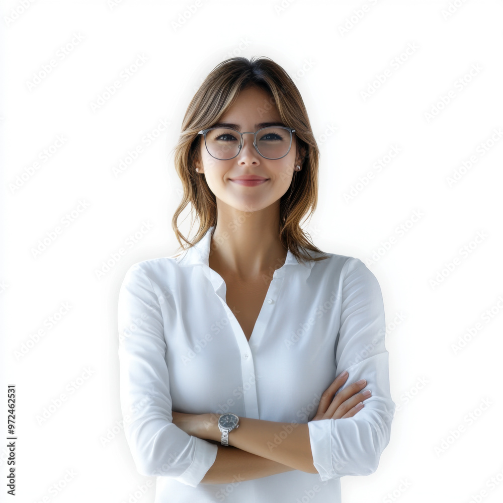 A young woman wearing glasses, confidently standing with her arms crossed, dressed in a professional white shirt against a white background. A young woman wearing glasses, confidently standing with her arms crossed, dressed in a professional white shirt against a white background.