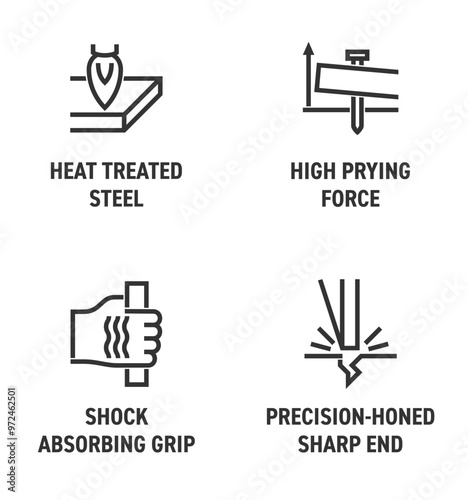 Wrecking crowbar main features icons set, in bold line