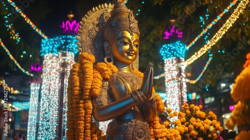 The majestic Taowesuwan statue, elegantly decorated with marigold garlands and photo