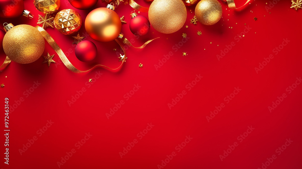 Christmas New Years greeting card long banner with red golden, ornaments balls garland on dark crimson background. Template with copy space Christmas New Years greeting card long banner with red golden, ornaments balls garland on dark crimson background. Template with copy space