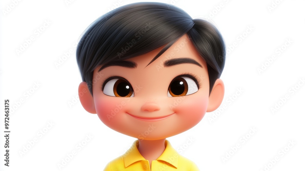 An animated 3D character with a dreamy expression, smiling softly with half-closed eyes, on a white background An animated 3D character with a dreamy expression, smiling softly with half-closed eyes, on a white background