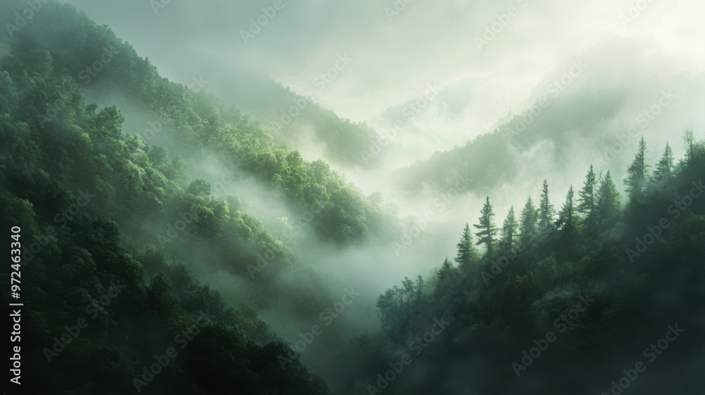 The misty forest at the edge of a green hillside, with fog rolling down the slopes.