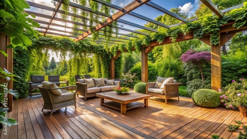 A stunning wooden pergola with lush greenery and vines towers above a cozy deck, casting dappled shade on photo