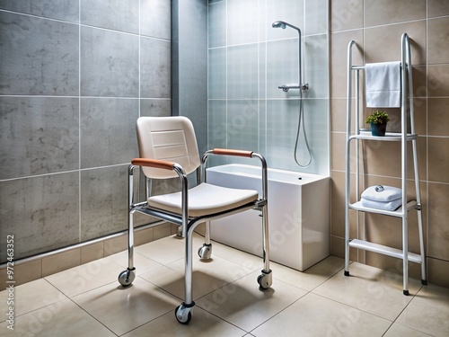 A sturdy, non-slip shower chair with grab bars and handheld showerhead provides stability and support for safe bathing photo