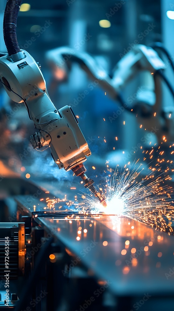 A group of robotic arms welding and repairing pouches on a production line in the background A group of robotic arms welding and repairing pouches on a production line in the background