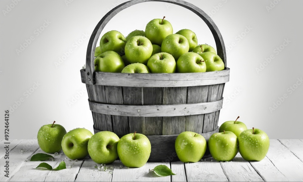 Green apples in a wooden basket on a white table Green apples in a wooden basket on a white table