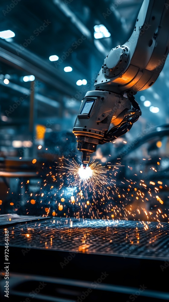 A group of robotic arms welding and repairing pouches on a production line in the background A group of robotic arms welding and repairing pouches on a production line in the background