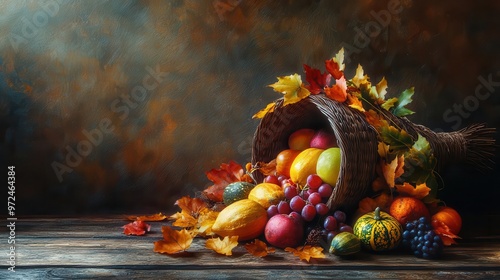 A traditional cornucopia overflowing with vibrant fruit, gourds, and autumn leaves, set on a rustic wooden table for a Thanksgiving feast, Realistic, Warm Colors, Digital Art