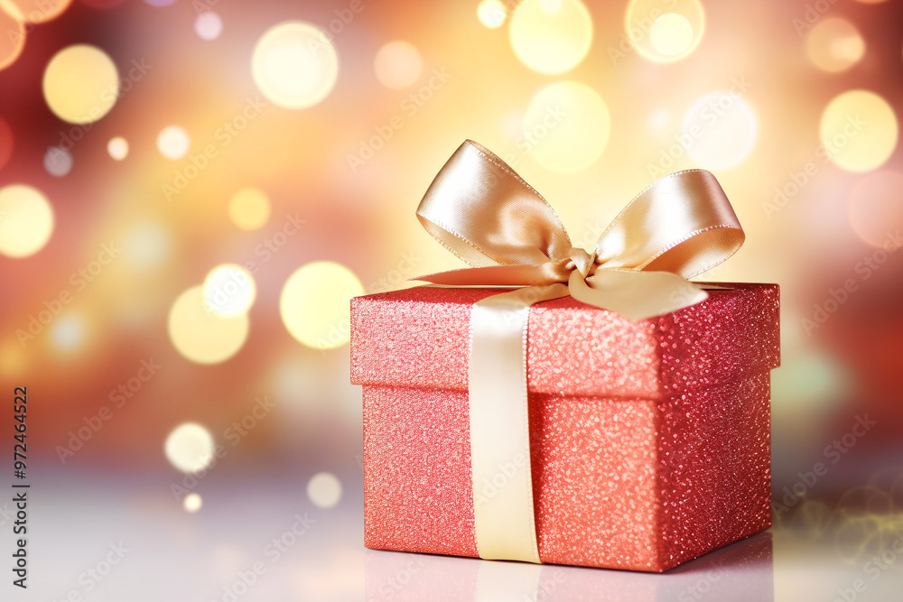 Christmas gift box wrapped in red paper tied with golden silk ribbon and bow. Holiday presents shopping celebration concept