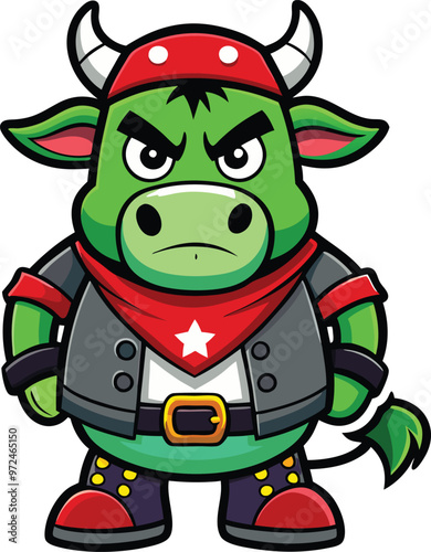 Angry Dark Green Pirate Cow Sticker – Pop Art Lichtenstein Style. Generated With AI