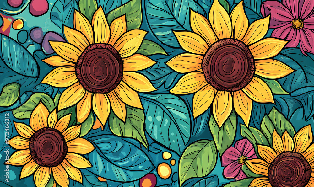 2D illustrator doodle-style floral and leaf graphics on a white background or wallpaper