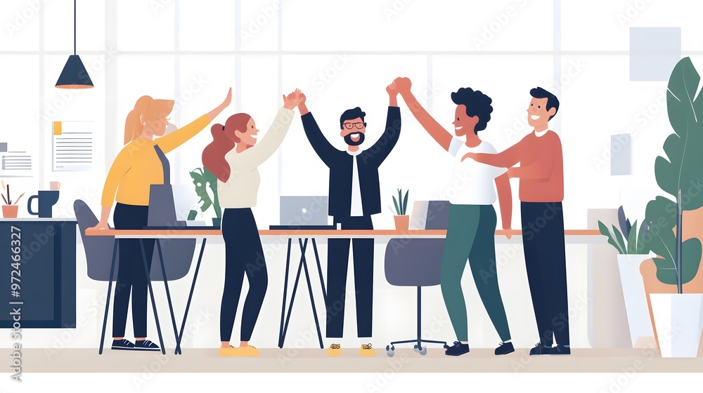 Four Colleagues High-Fiving in a Modern Office Setting Four Colleagues High-Fiving in a Modern Office Setting