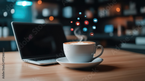 A laptop is on a table with a white coffee cup on top of it