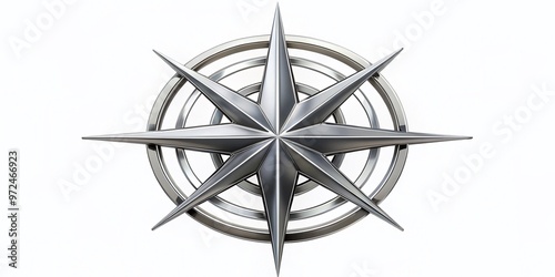 A stylized, modern, silver compass rose emblem with bold lines and geometric shapes, symbolizing navigation, direction, photo