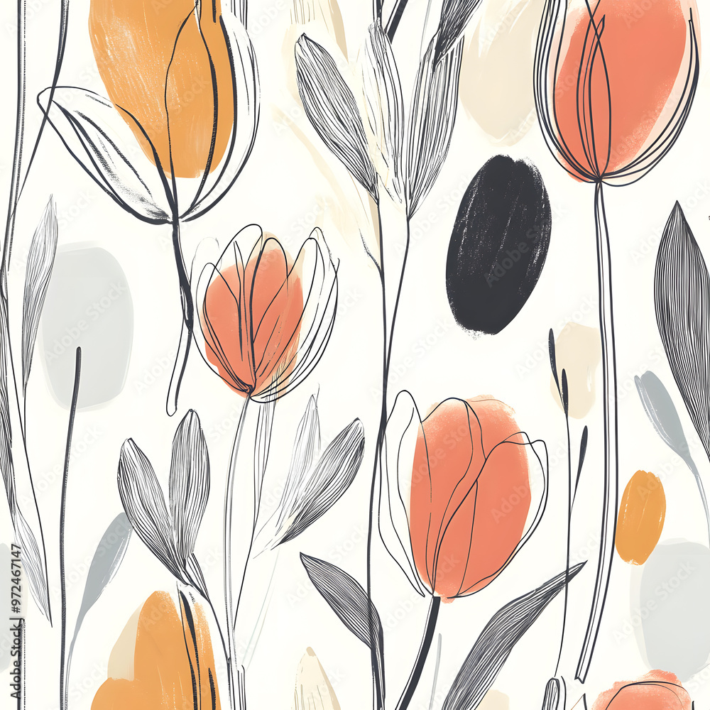 Fototapeta premium 2D illustrator doodle-style floral and leaf graphics on a white background or wallpaper