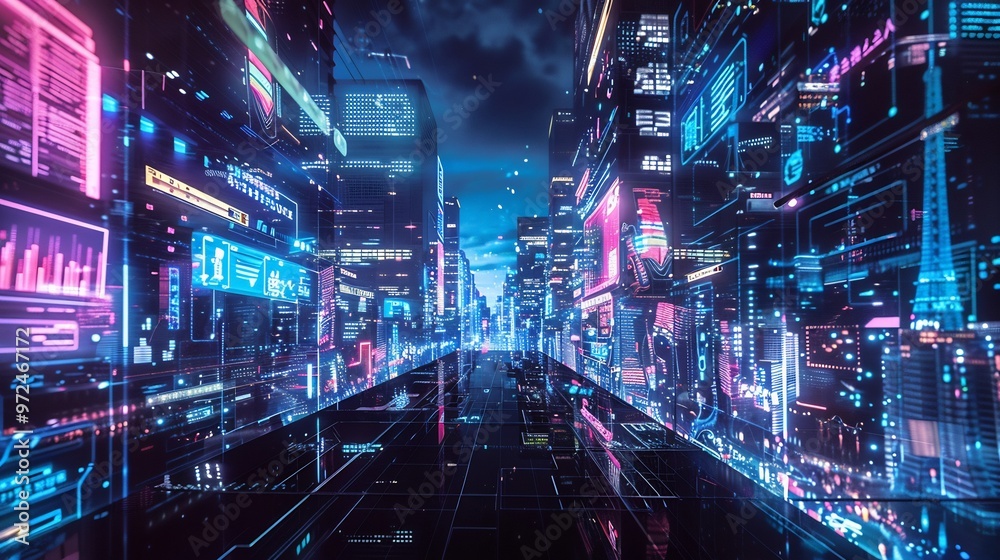Neon Cityscape with Digital Overlays Neon Cityscape with Digital Overlays