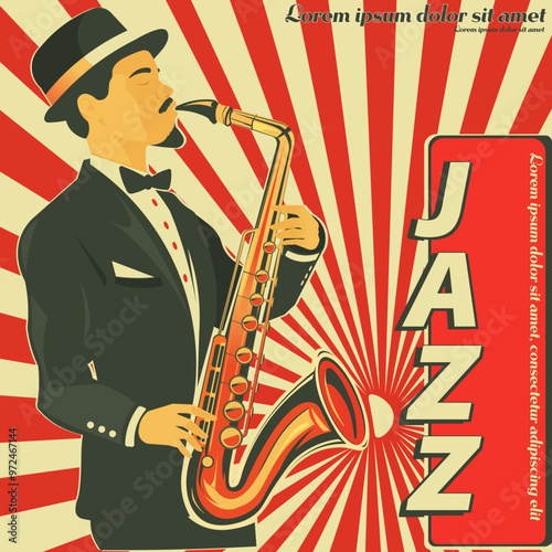 Jazz musician playing saxophone on a retro-style poster with a red and cream radial background, promoting jazz music. Vector illustration