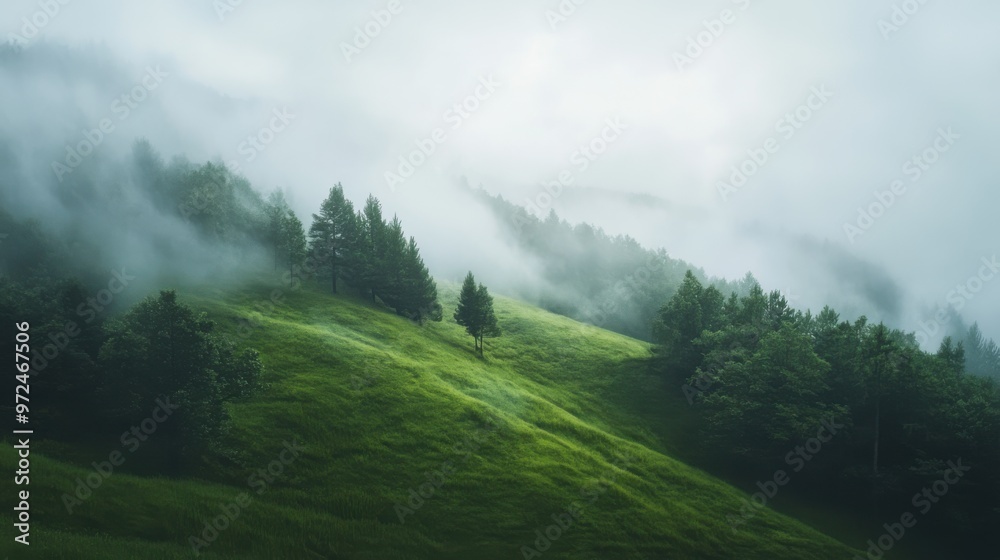 The soft, green hillside disappears into a thick fog, where the forest beyond is barely visible. The soft, green hillside disappears into a thick fog, where the forest beyond is barely visible.