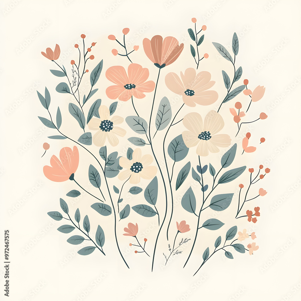 2D illustrator doodle-style floral and leaf graphics on a white background or wallpaper 2D illustrator doodle-style floral and leaf graphics on a white background or wallpaper
