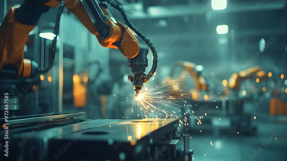 A group of robotic arms welding and repairing pouches on a production line in the background A group of robotic arms welding and repairing pouches on a production line in the background